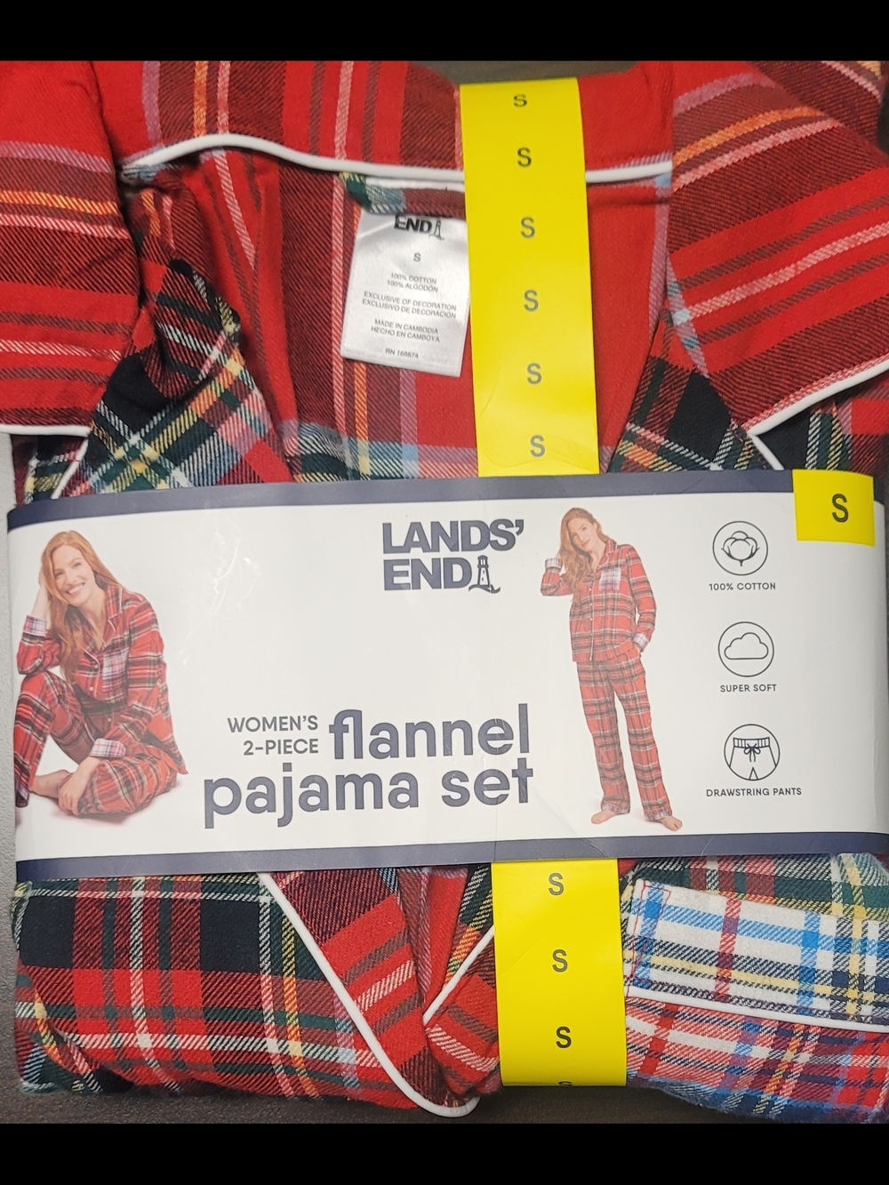 Lands' End Red Plaid Flannel Pajama Set with White Piping